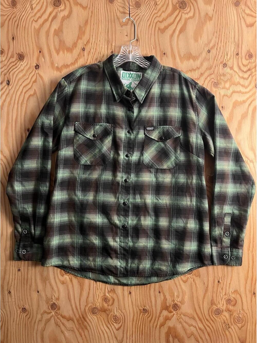 Dixxon Shirt Womens XL Green Black Plaid Snap Flannel Stay Gravity Grounded GC